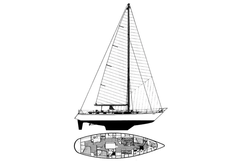 Independence Yacht Photos Pics Line drawing of a 1981 Gulfstar 60 CC sailboat with interior layout.