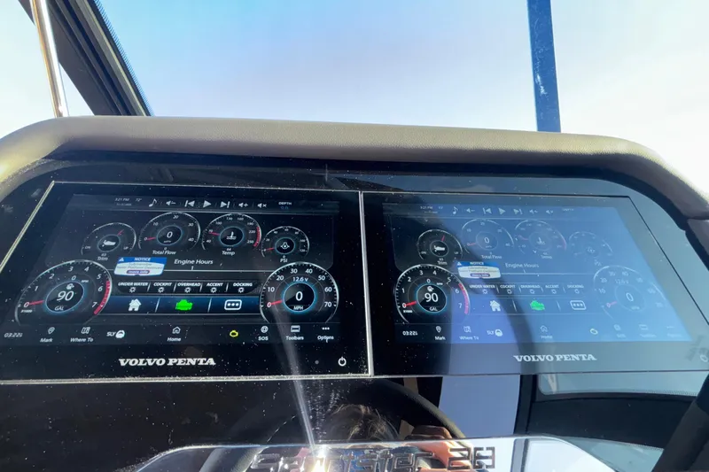  Yacht Photos Pics Dashboard of 2026 Chris-Craft Sportster 28 with Volvo Penta displays showing engine data.
