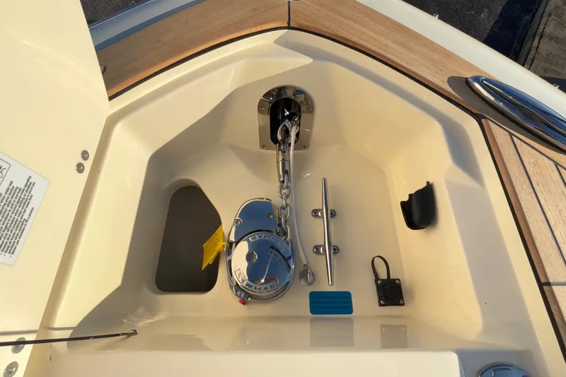  Yacht Photos Pics Anchor compartment of 2026 Chris-Craft Sportster 28 with chain and cleat.