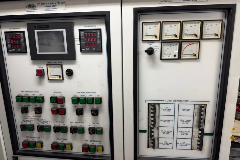  Yacht Photos Pics Control panel of a 1990 Heesen 144 yacht, featuring gauges and switches.