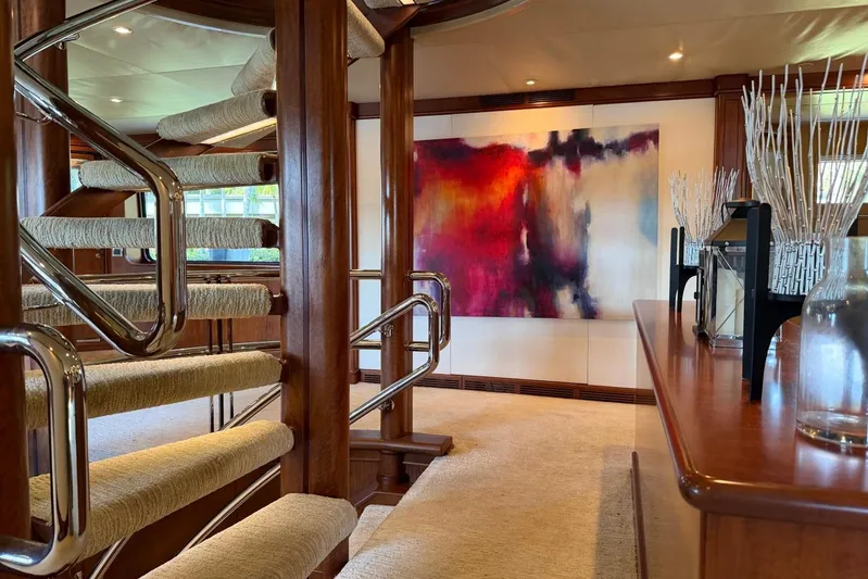  Yacht Photos Pics Luxurious Heesen 144 yacht interior with modern art and elegant staircase, 1990 model.