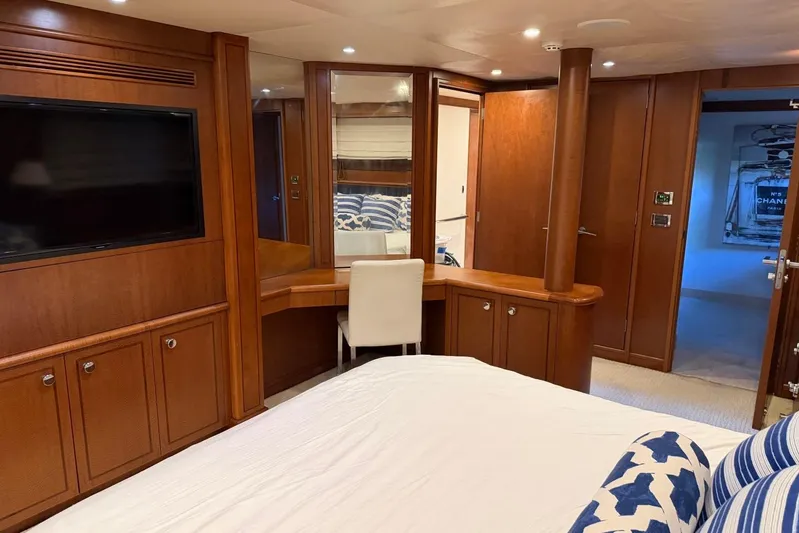  Yacht Photos Pics Luxurious Heesen 144 yacht bedroom interior with wood paneling and modern amenities, 1990 model.