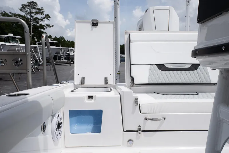  Yacht Photos Pics 2026 Blackfin 262 HB boat interior with seating and storage compartments.