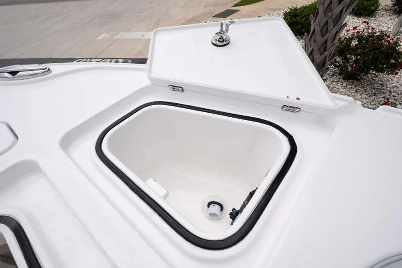  Yacht Photos Pics Open storage compartment on 2026 Blackfin 262 HB boat deck.