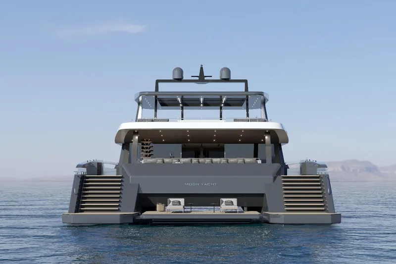  Yacht Photos Pics Luxurious Moon 9ty yacht, 2027 model, on serene water with modern design.