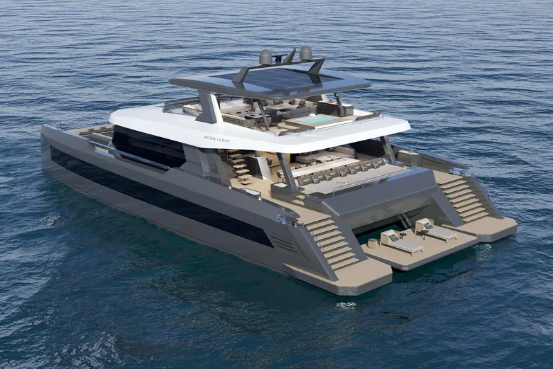  Yacht Photos Pics Luxurious 2027 Moon 9ty yacht on serene ocean waters, showcasing modern design.