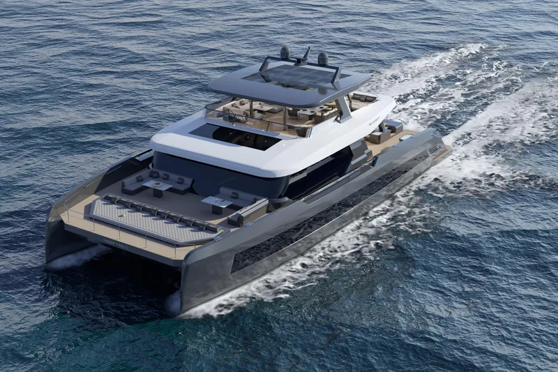  Yacht Photos Pics Luxurious 2027 Moon 9ty yacht cruising on open water, showcasing sleek design and spacious deck.