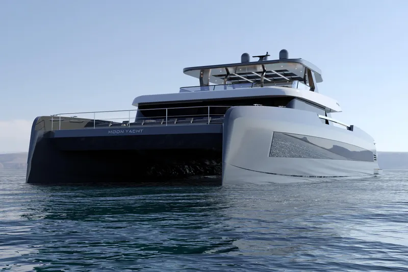  Yacht Photos Pics Luxurious 2027 Moon 9ty yacht on serene water, showcasing sleek modern design.