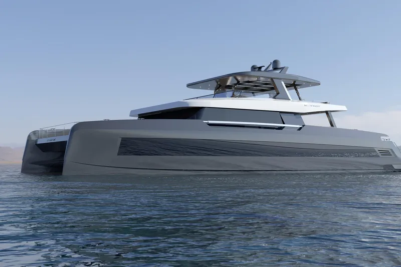  Yacht Photos Pics Futuristic 2027 Moon 9ty yacht on calm water, showcasing sleek design and modern architecture.