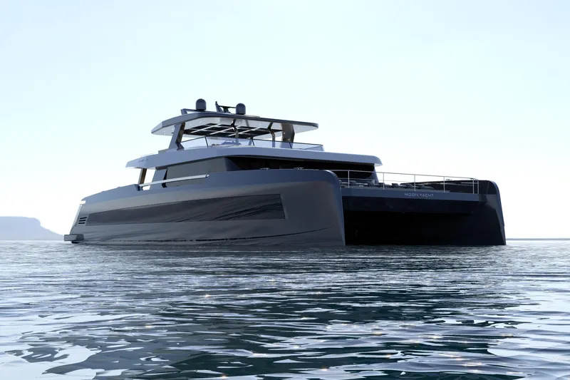  Yacht Photos Pics Futuristic 2027 Moon 9ty yacht on calm sea, sleek design, modern luxury.