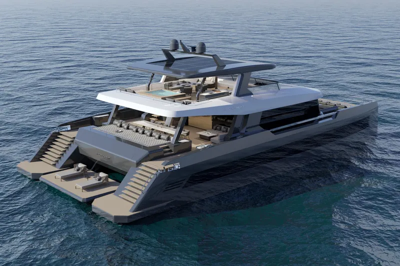  Yacht Photos Pics Luxurious 2027 Moon 9ty yacht on serene ocean waters, showcasing modern design and spacious decks.