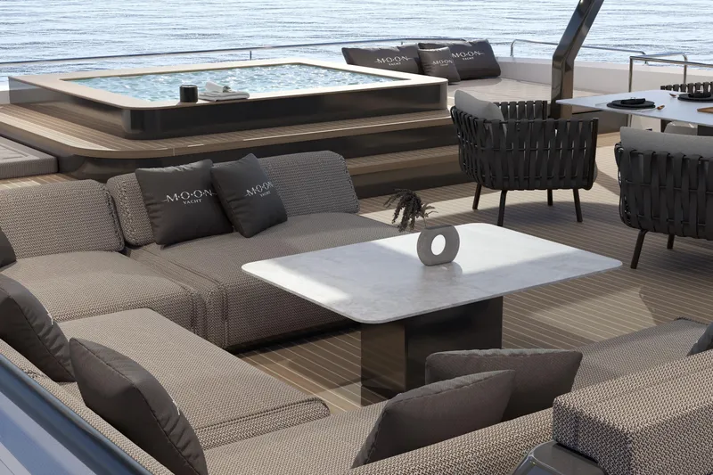  Yacht Photos Pics Luxurious Moon 9ty yacht deck with jacuzzi and elegant seating, 2027 model.