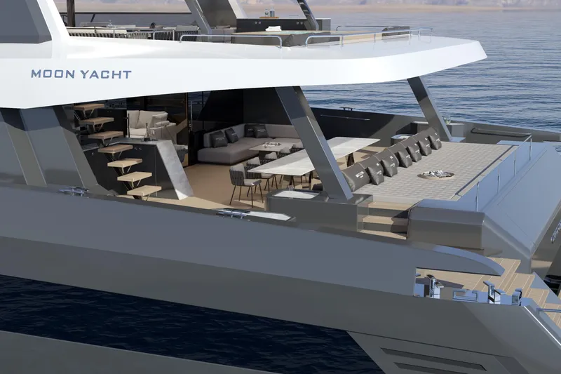  Yacht Photos Pics Luxurious Moon 9ty yacht, 2027 model, featuring elegant outdoor seating and modern design.