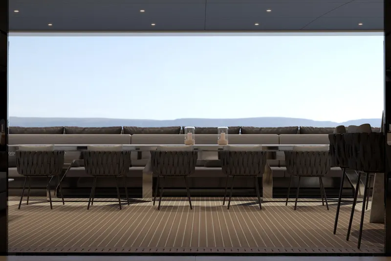 Yacht Photos Pics Luxurious Moon 9ty yacht interior, 2027 model, featuring elegant dining area with panoramic views.