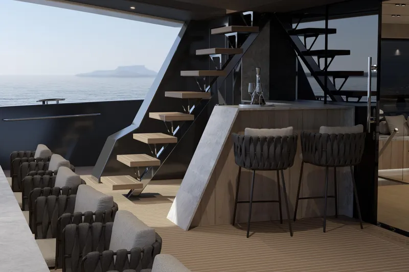  Yacht Photos Pics Luxurious 2027 Moon 9ty yacht interior with modern bar and ocean view.