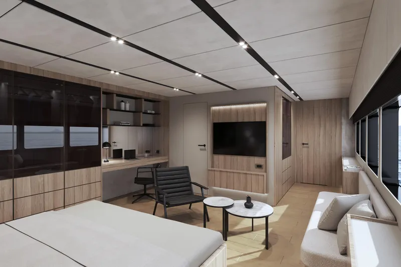  Yacht Photos Pics Luxurious modern yacht interior, Moon 9ty 2027, featuring sleek design, comfortable seating, and large windows.