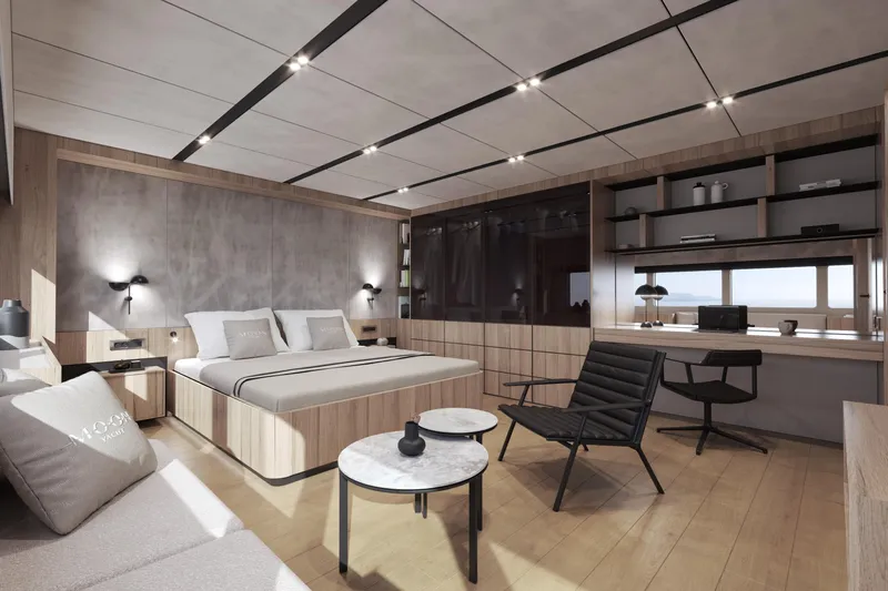  Yacht Photos Pics Luxurious modern bedroom interior on Moon 9ty yacht, 2027 model, featuring sleek design and elegant furnishings.
