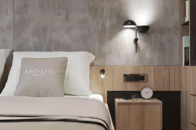  Yacht Photos Pics Modern bedroom interior on Moon 9ty yacht, featuring sleek design and ambient lighting, 2027 model.