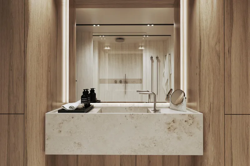  Yacht Photos Pics Modern bathroom with wooden accents, illuminated mirror, and sleek sink design in Moon 9ty, 2027.