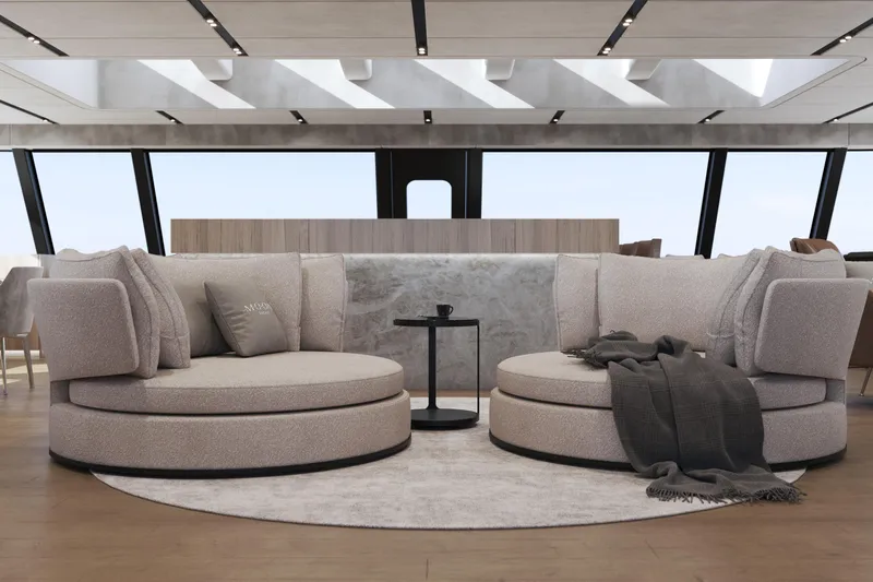  Yacht Photos Pics Luxurious Moon 9ty 2027 yacht interior with modern round sofas and elegant decor.