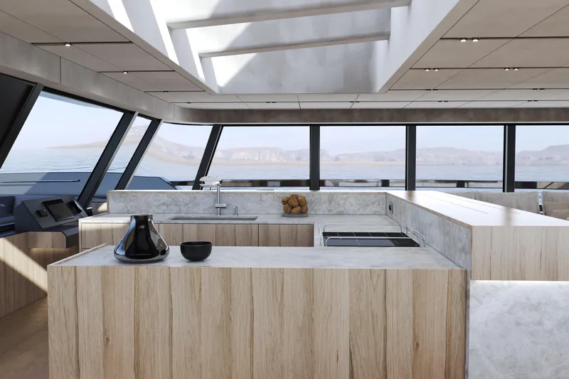  Yacht Photos Pics Luxurious yacht kitchen interior in Moon 9ty, 2027 model, featuring modern design and panoramic windows.