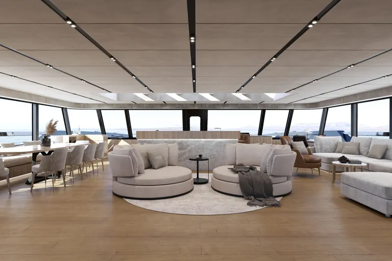  Yacht Photos Pics Luxurious interior of 2027 Moon 9ty yacht with modern seating and panoramic windows.