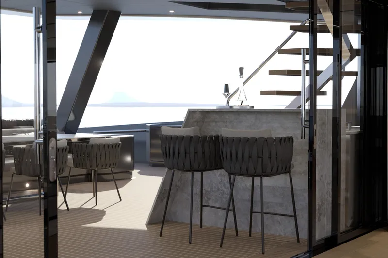  Yacht Photos Pics Luxurious yacht interior with modern bar stools and sleek staircase, Moon 9ty 2027 model.