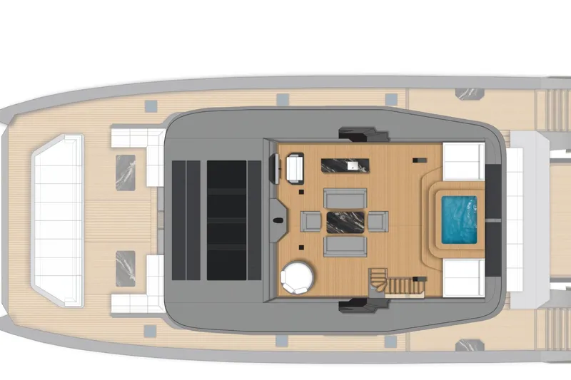  Yacht Photos Pics Top view of 2027 Moon 9ty yacht deck layout with seating and jacuzzi.