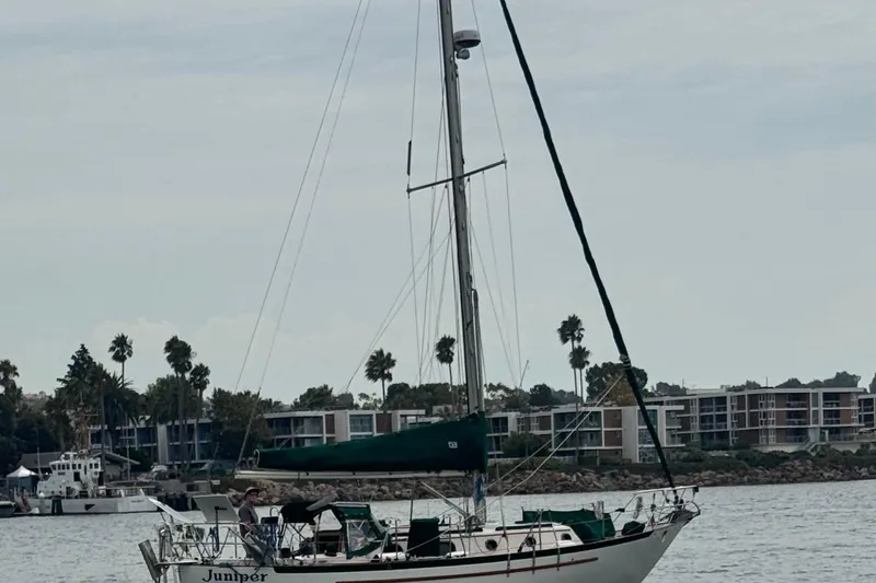 Juniper Yacht Photos Pics 1988 Pacific Seacraft 34 sailboat on calm water, with buildings and palm trees in the background.