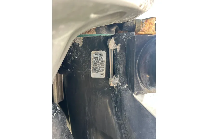  Yacht Photos Pics Close-up of a 2008 Donzi 38 ZFX Open engine label with specifications.