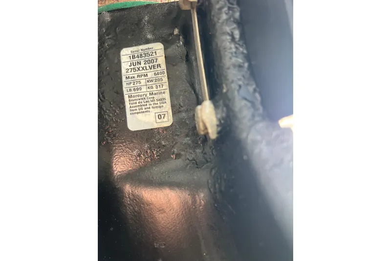  Yacht Photos Pics Label on 2008 Donzi 38 ZFX Open boat, showing engine specifications and serial number.