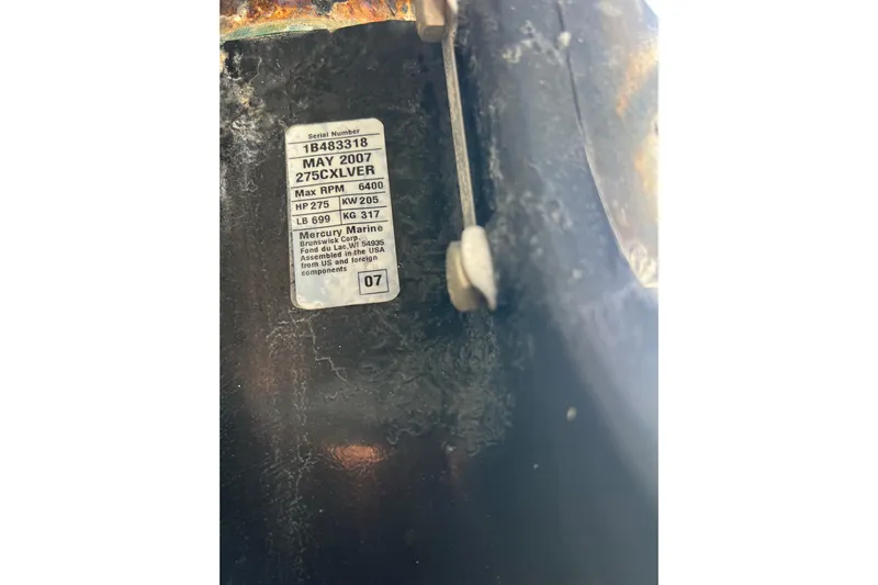  Yacht Photos Pics Label on 2008 Donzi 38 ZFX Open, showing engine specifications and serial number.