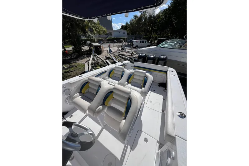  Yacht Photos Pics 2008 Donzi 38 ZFX Open boat interior with seating and steering wheel.