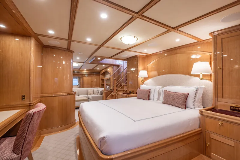 Maximus Yacht Photos Pics Luxurious 2023 Vitters Cruising Ketch cabin with elegant wood finish and plush bedding.