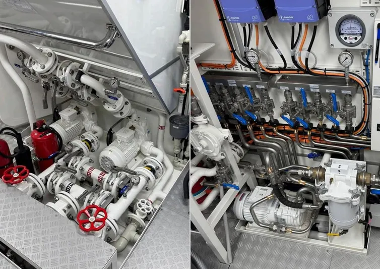 Maximus Yacht Photos Pics Engine room of 2023 Vitters Cruising Ketch, showcasing advanced mechanical systems and piping.