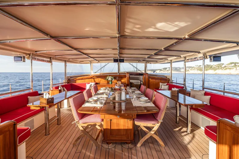 Maximus Yacht Photos Pics Luxurious 2023 Vitters Cruising Ketch deck with elegant dining setup and ocean view.