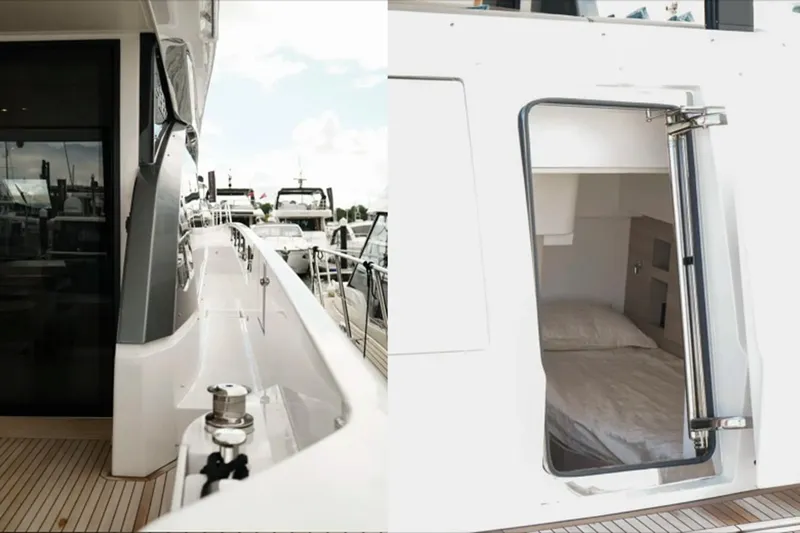  Yacht Photos Pics 2024 Azimut Fly 68 yacht exterior and cabin entrance, showcasing sleek design and luxury features.