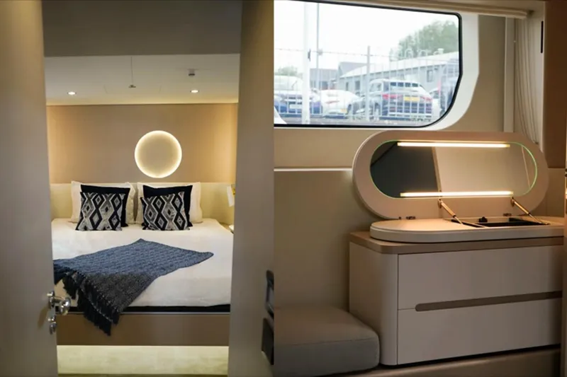  Yacht Photos Pics Luxurious 2024 Azimut Fly 68 yacht interior with elegant bedroom and modern vanity area.