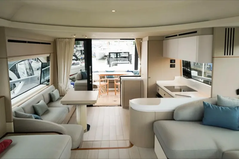  Yacht Photos Pics Luxurious interior of 2024 Azimut Fly 68 yacht, featuring modern design and spacious seating.