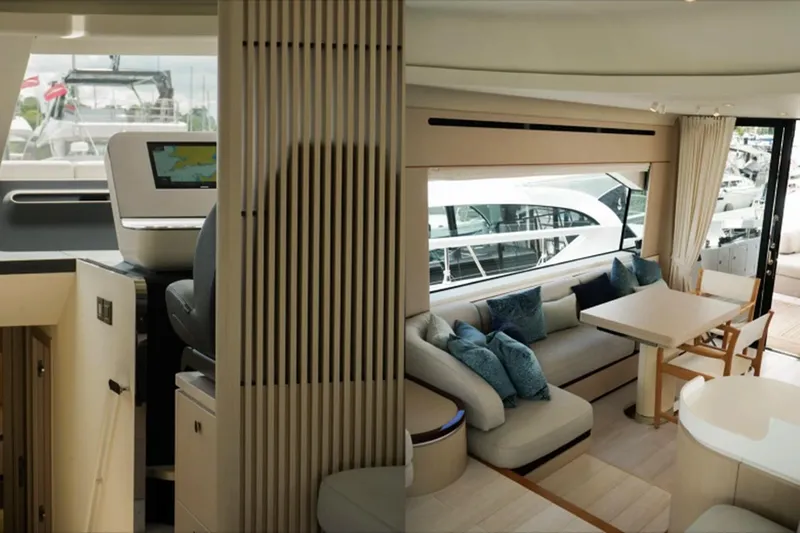  Yacht Photos Pics Luxurious interior of 2024 Azimut Fly 68 yacht with modern seating and navigation area.