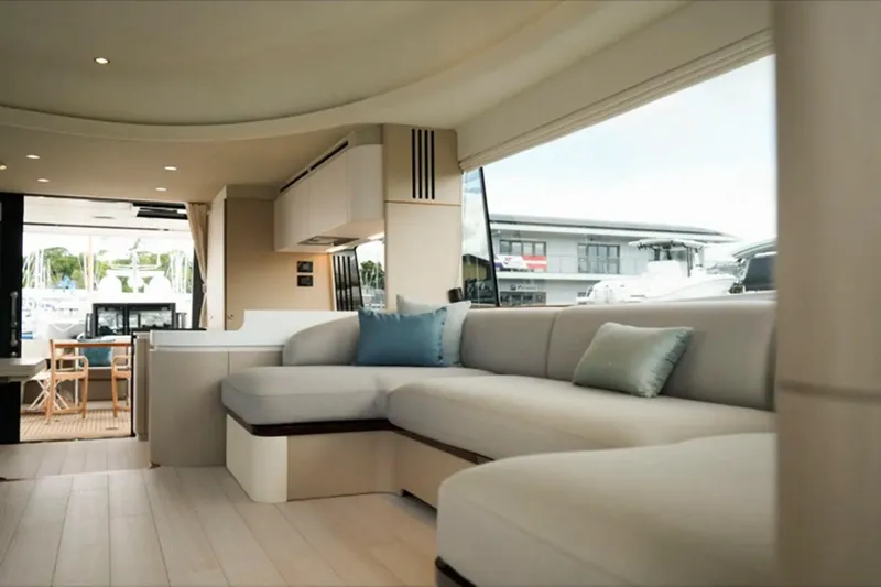  Yacht Photos Pics Luxurious interior of 2024 Azimut Fly 68 yacht with elegant seating and modern design.