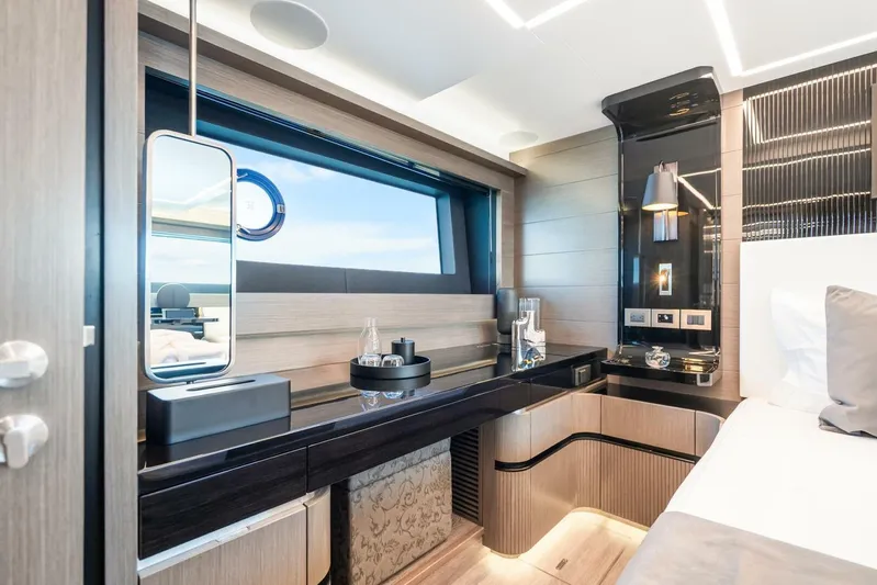  Yacht Photos Pics Luxurious interior of 2025 Pearl 63 yacht, featuring modern design and elegant furnishings.