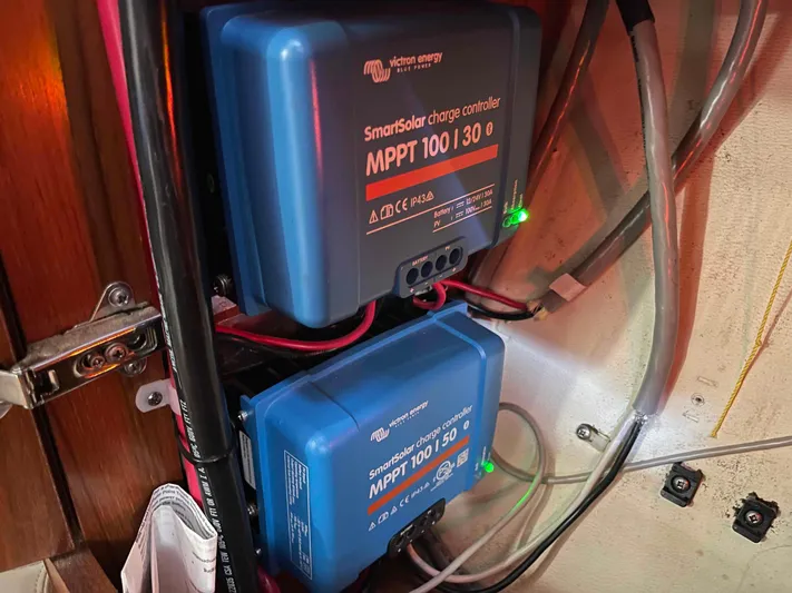 No Agenda Yacht Photos Pics Victron Energy SmartSolar charge controllers in 2003 Jeanneau Deck Salon yacht.