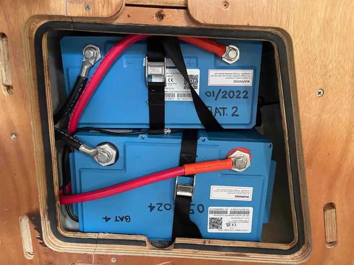 No Agenda Yacht Photos Pics Blue batteries installed in a 2003 Jeanneau Deck Salon boat compartment.