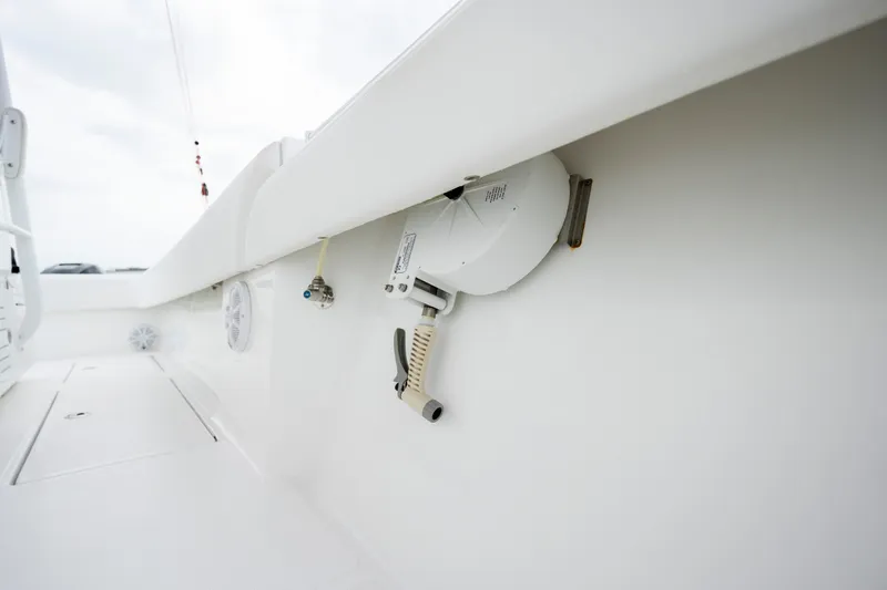  Yacht Photos Pics 2024 SeaHunter 35 Tournament boat interior detail, featuring fishing equipment storage.