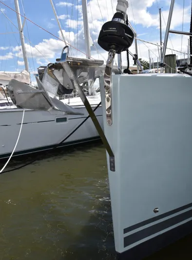 Maelynn Rose Yacht Photos Pics Hanse 458 sailboat stern view, docked, 2019 model, with clear sky background.