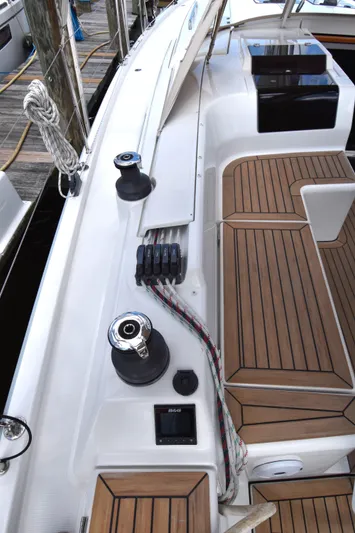 Maelynn Rose Yacht Photos Pics 2019 Hanse 458 yacht deck with teak flooring and winches.