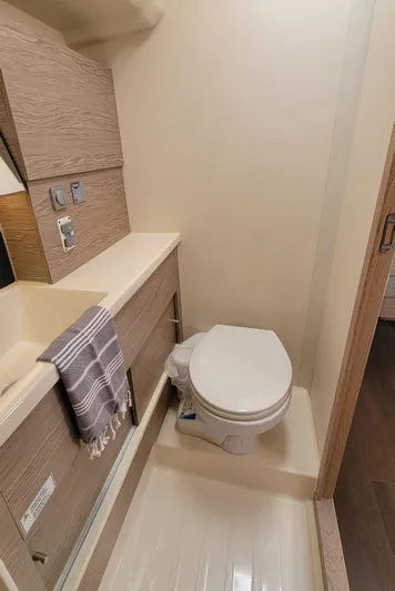 Maelynn Rose Yacht Photos Pics Modern bathroom interior of 2019 Hanse 458 yacht with compact design.