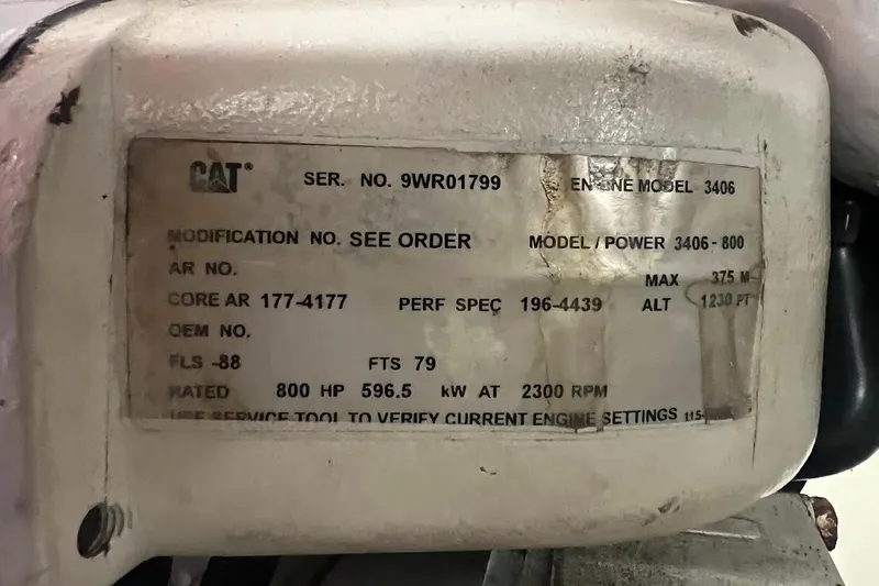 Reel Interest Yacht Photos Pics CAT engine label on a 2002 Ocean Yachts 56 Super Sport, model 3406, 800 HP.