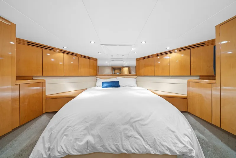 Sand Control Yacht Photos Pics Luxurious bedroom interior of 2002 Hatteras 60 Convertible yacht with wood cabinetry.